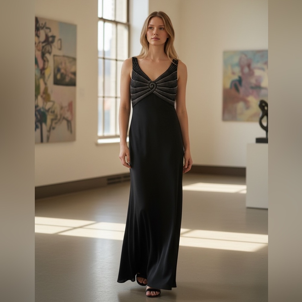 Stunning black Daymor Couture evening dress featuring intricate beaded detail.